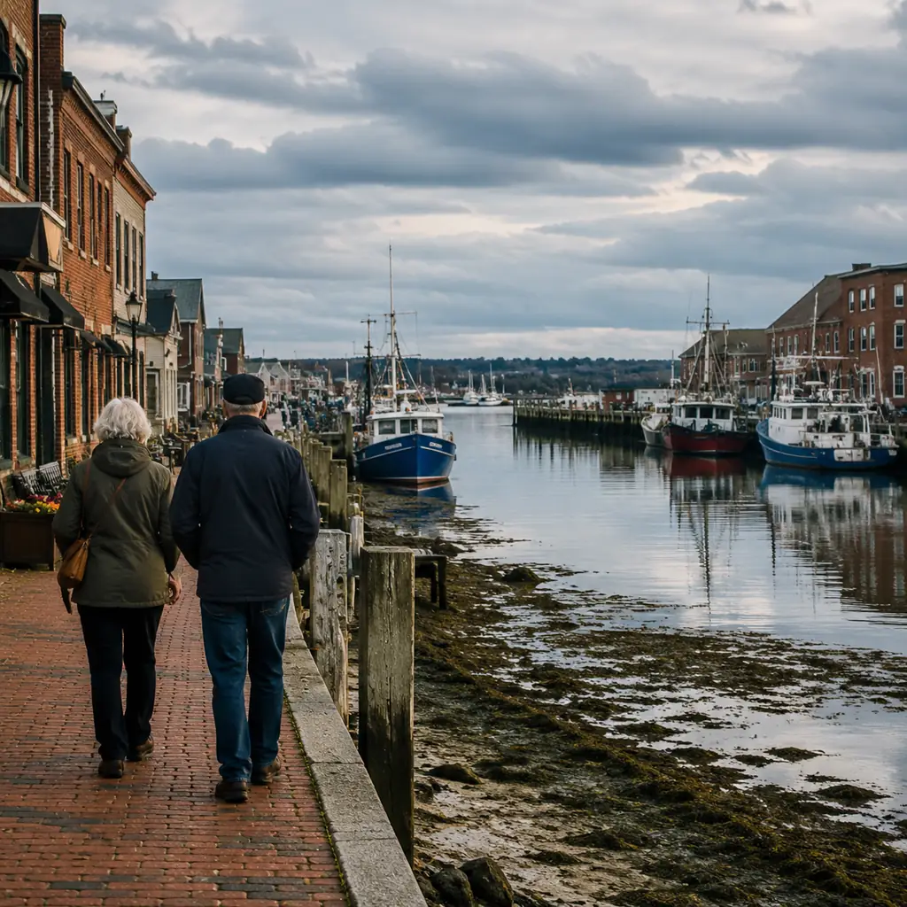 older travelers strolling a calm brick waterfront in Eastport Maine with fishing boats and dramatic tides, realistic tra