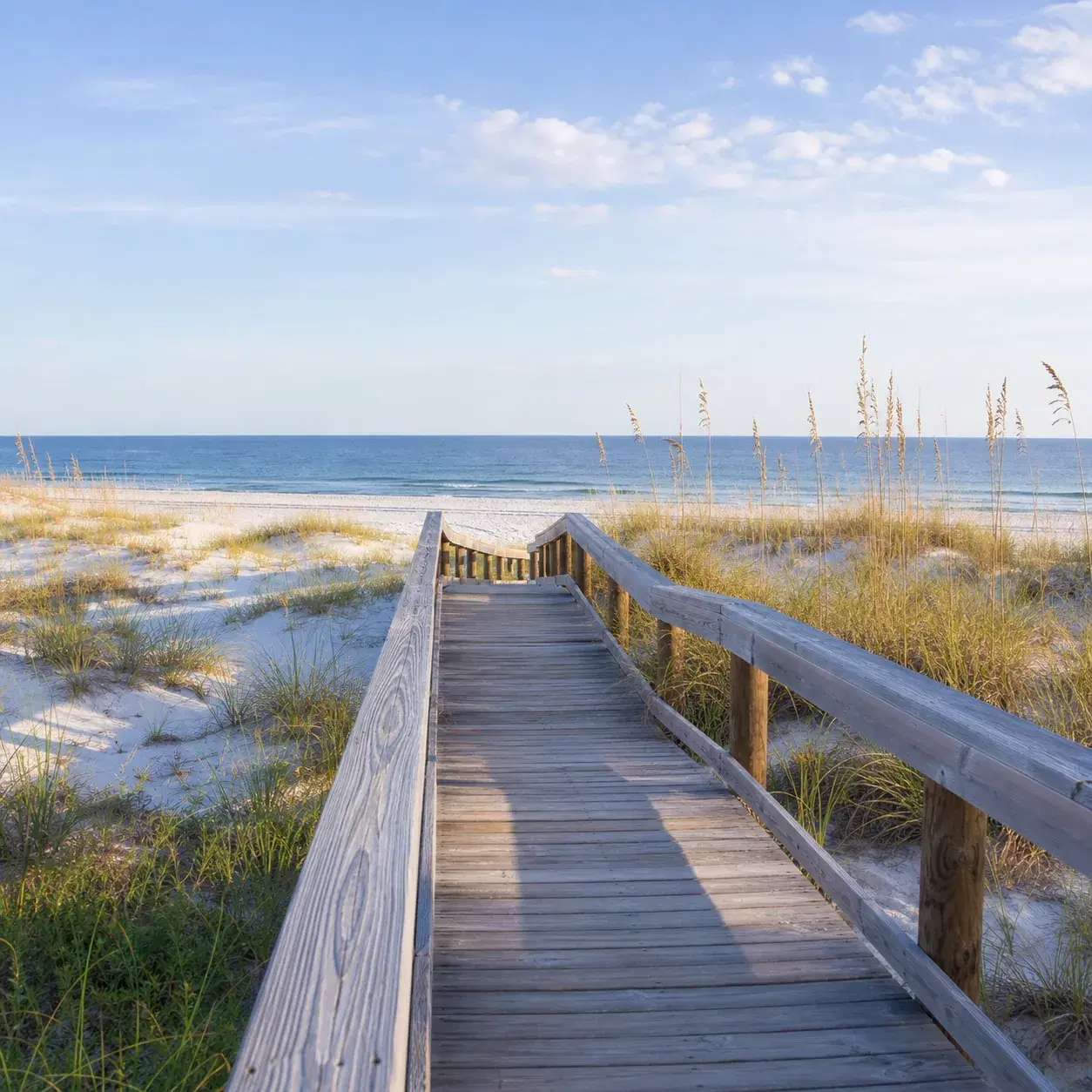 Realistic editorial photo of a Gulf Coast beach boardwalk leading through pale dunes toward calm blue water near Gulf Sh