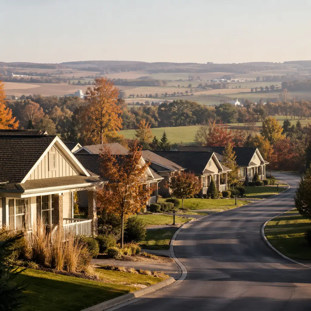 Realistic editorial photo of a Pennsylvania retirement village with cottage homes and farmland fields visible on the hor
