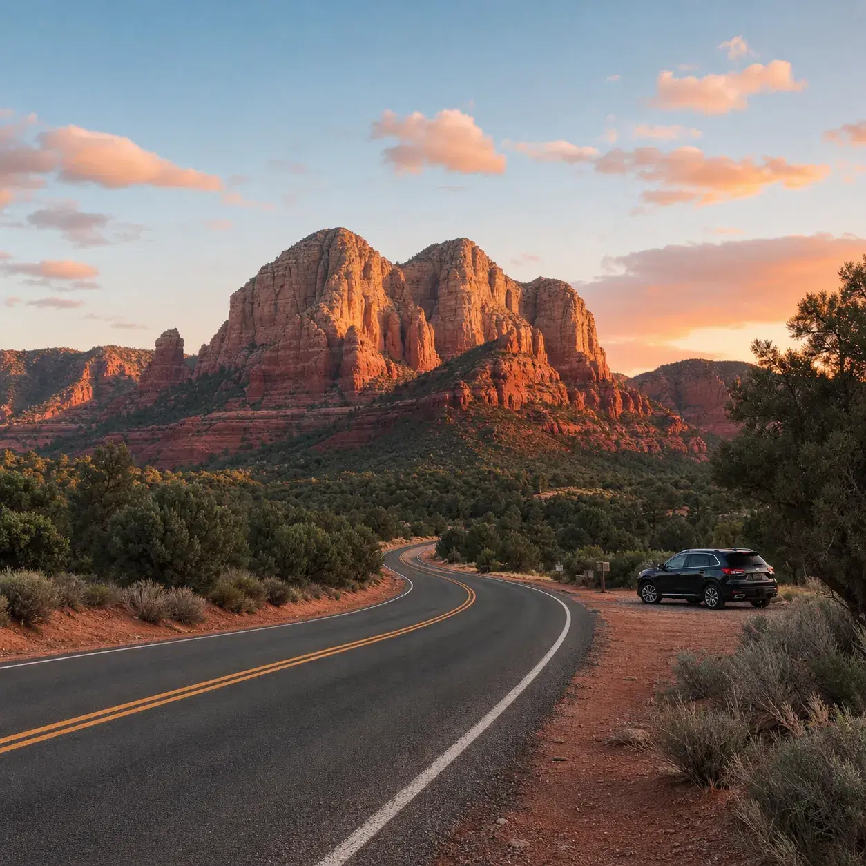 Realistic editorial photo of a smooth desert highway curving toward red rock cliffs near Sedona with a clean roadside pu
