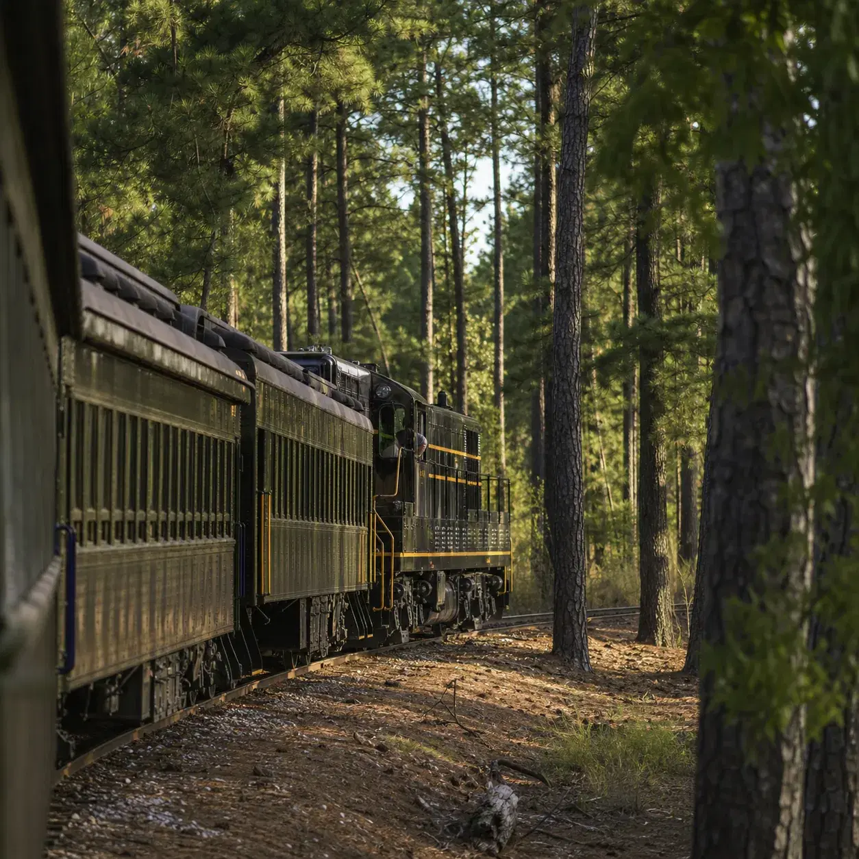Realistic editorial photo of a vintage train moving through tall pine forest in East Texas with filtered afternoon light