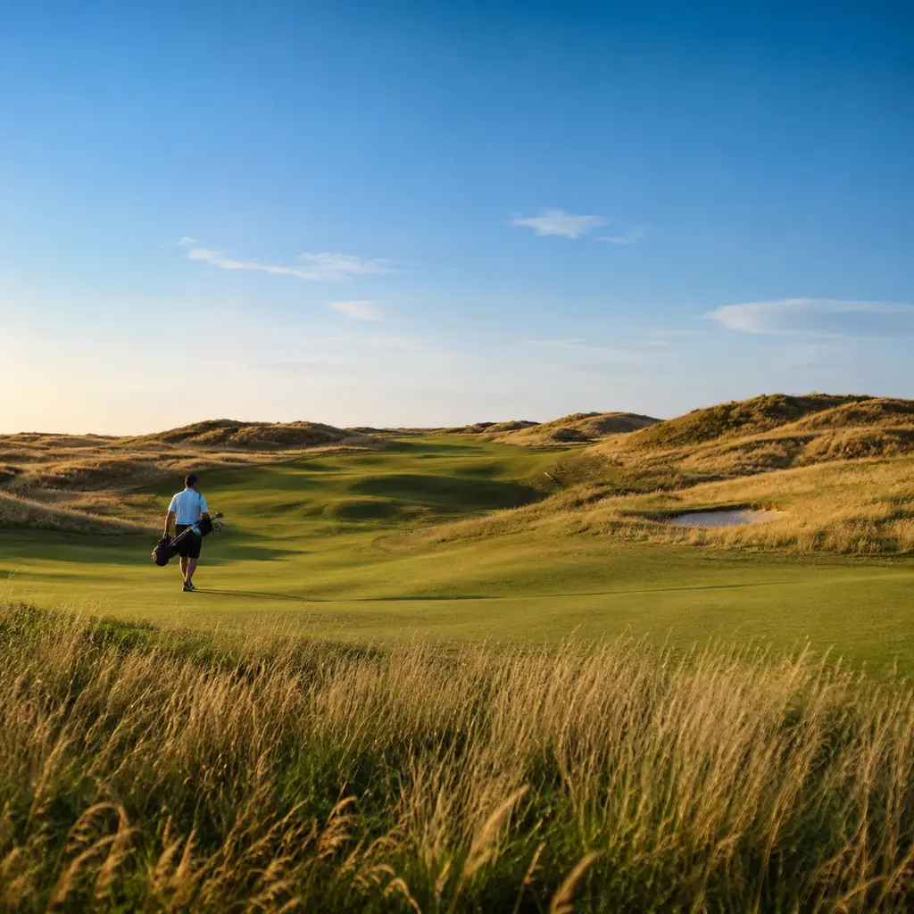 Realistic editorial photo of a wide Nebraska prairie golf course with native grasses, low sand hills, a walking golfer, 