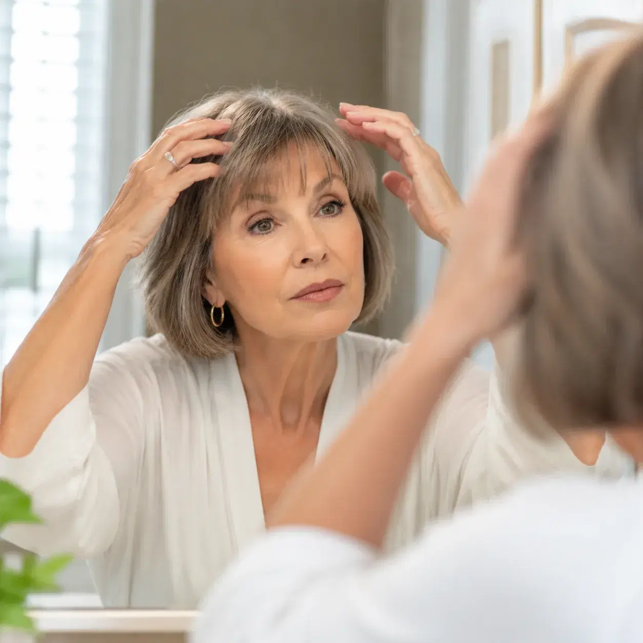 Realistic editorial photo of a woman over 50 checking freshly washed short heavy bangs in a bright home vanity mirror, s
