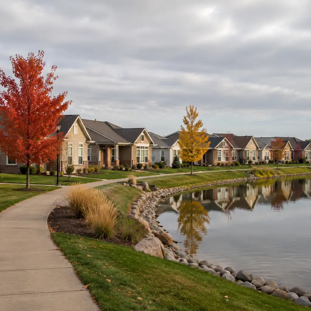 Realistic editorial photo of newer suburban ranch homes along a retention pond in a midwestern active adult neighborhood