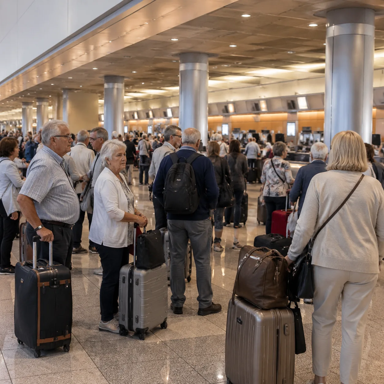 A crowded international airport check-in area with older travelers and stacked suitcases, premium-looking counters in th