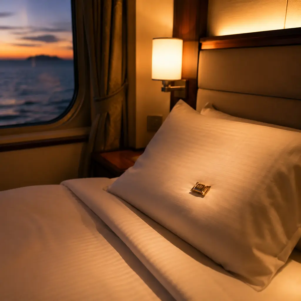 close view of a neatly turned down cruise cabin bed with a small wrapped chocolate on the pillow and soft bedside lamp, 
