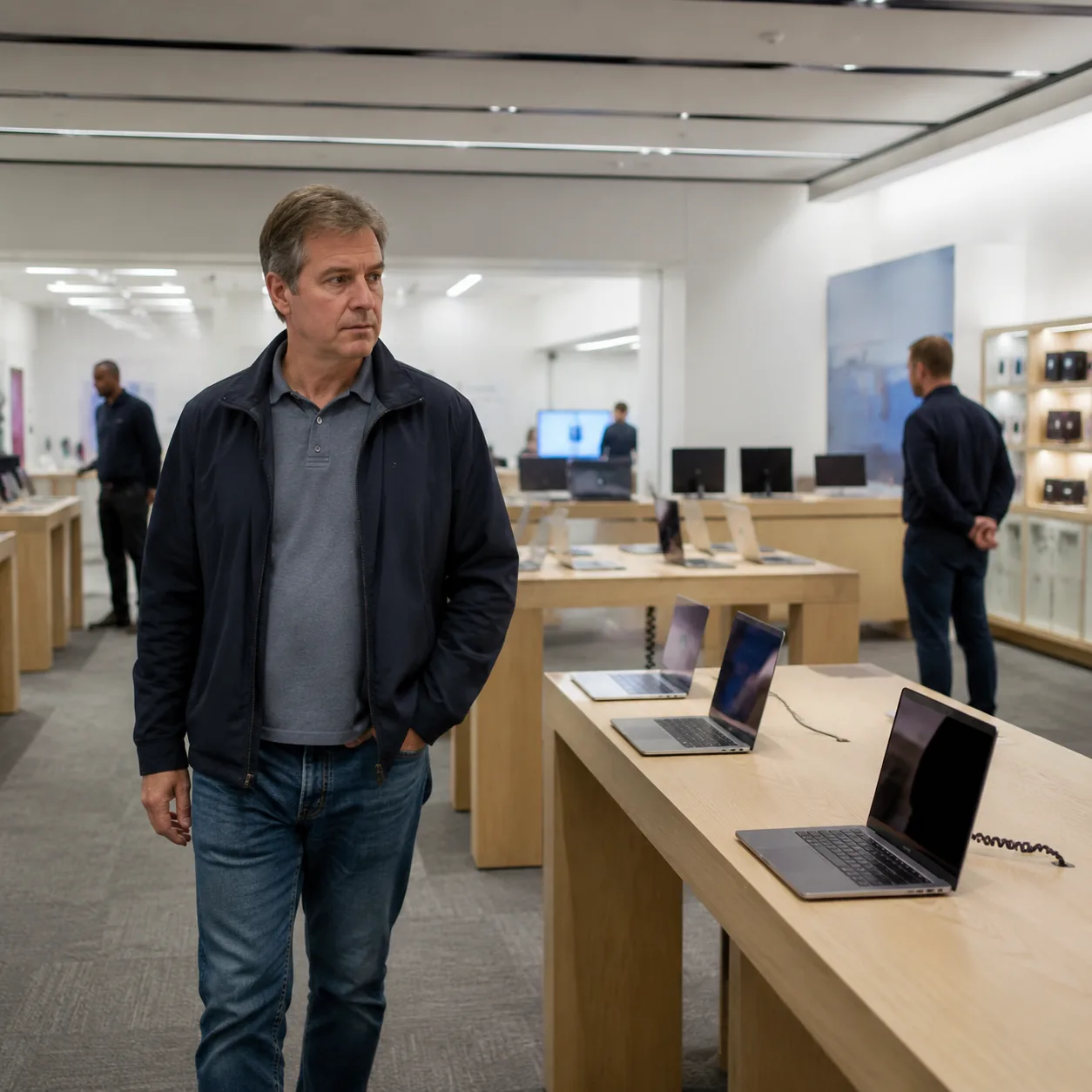 Electronics retail store with sparse laptop display tables, mature shopper looking around for help, few employees visibl