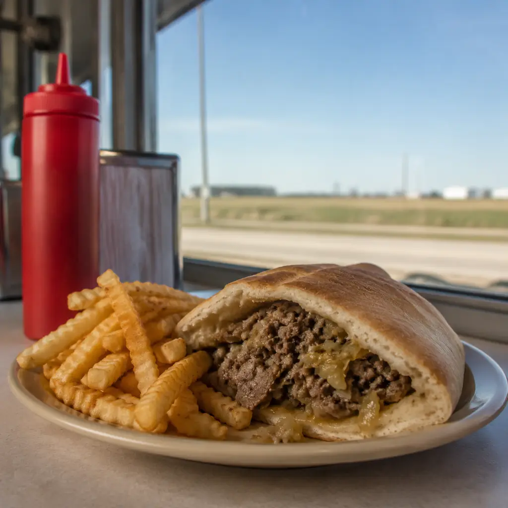 generic Nebraska roadside counter serving a warm beef and cabbage bread pocket with crinkle fries no branding, realistic