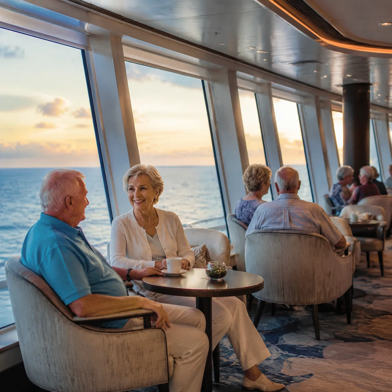 Modern cruise ship indoor seating area with older travelers relaxing near windows, calm evening light, simple tables and
