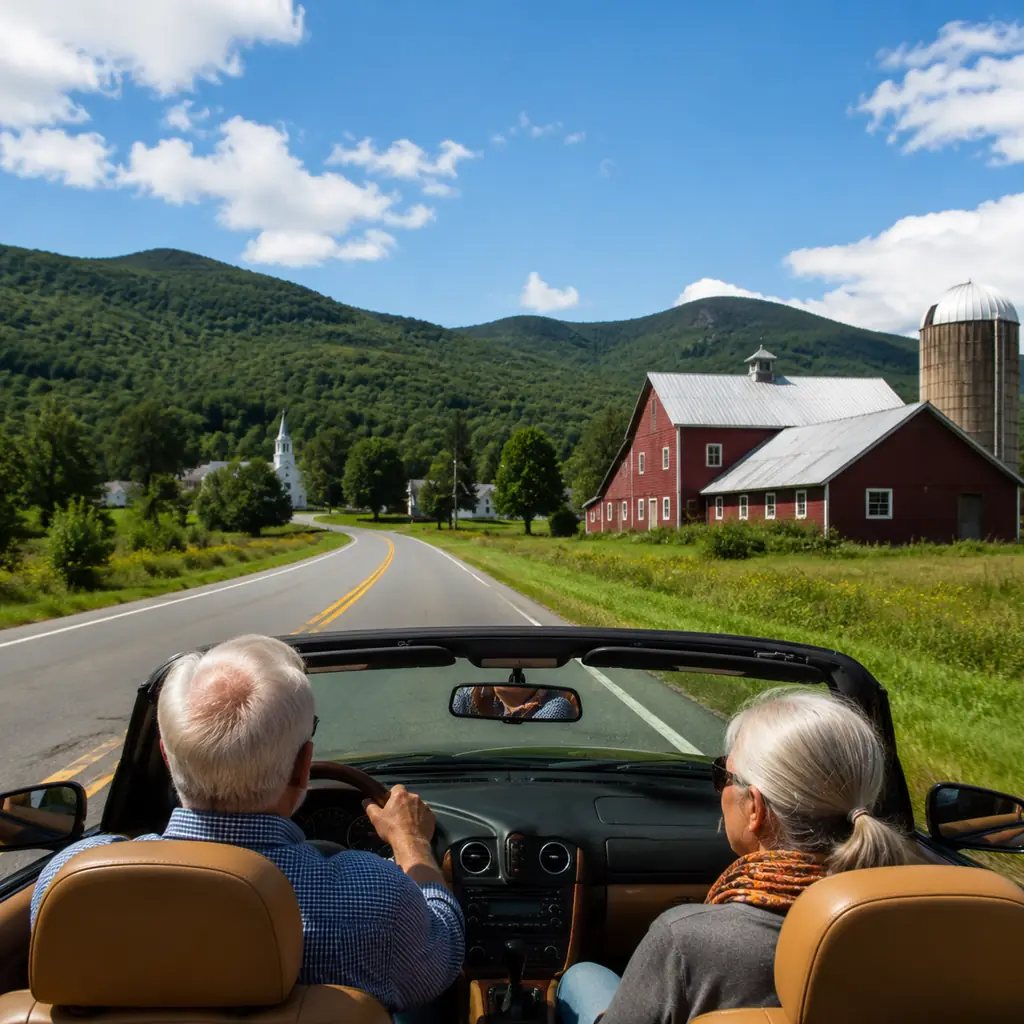 older travelers driving past red barns and green mountains on Vermont Route 100 on a clear weekday, realistic travel edi