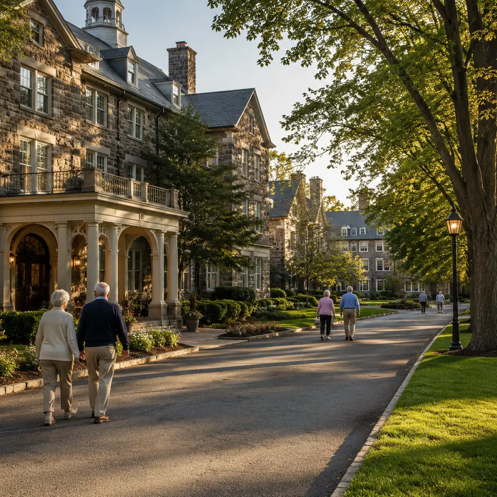 Realistic editorial photo of a grand historic stone retirement campus in Pennsylvania with formal gardens, long tree-lin