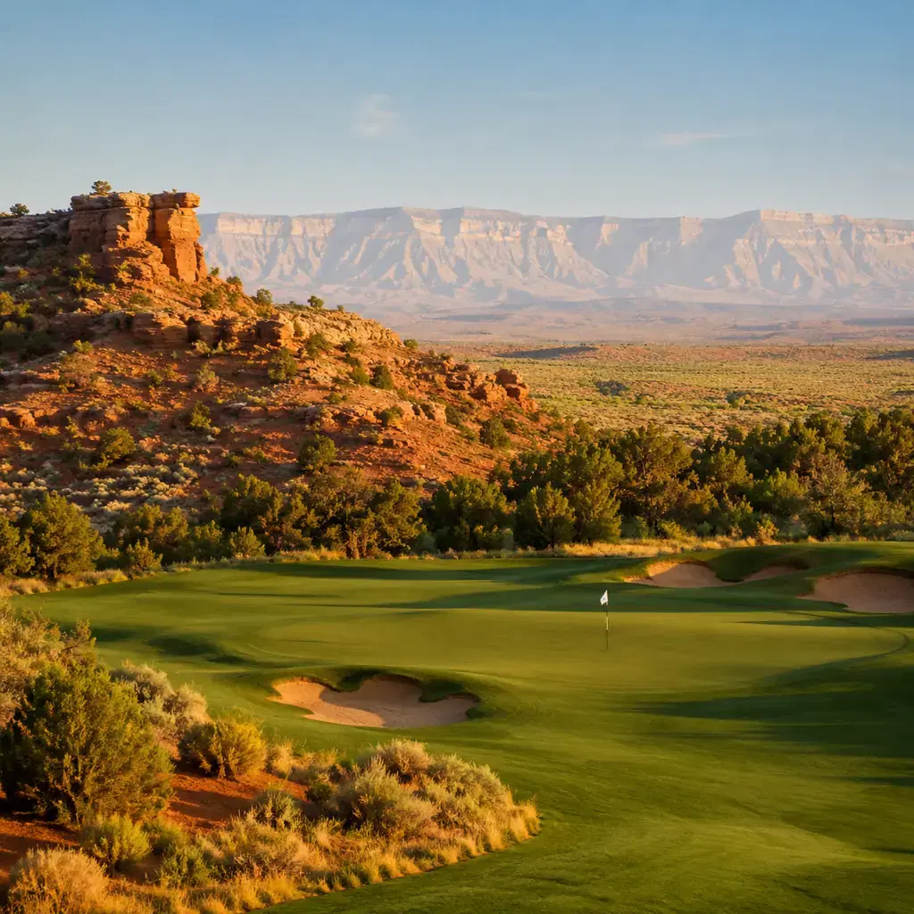 Realistic editorial photo of a high desert Colorado golf hole with red rock mesa cliffs, green fairway, distant Book Cli