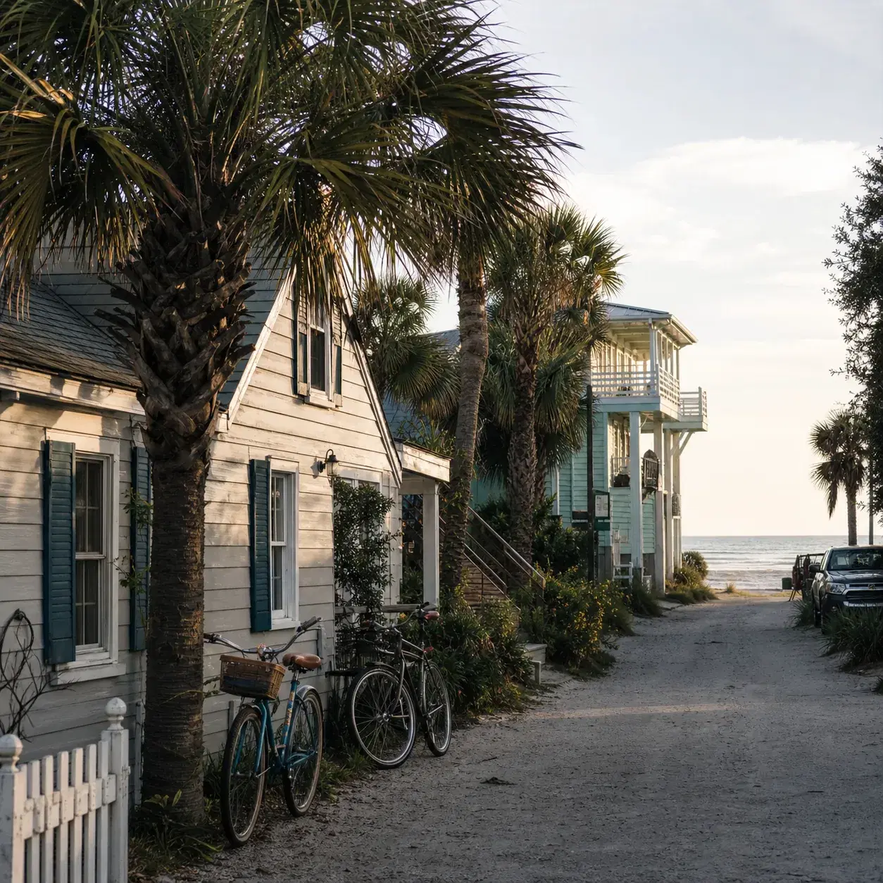Realistic editorial photo of a laid-back South Carolina beach street near Folly Beach with weathered cottages, palms, bi