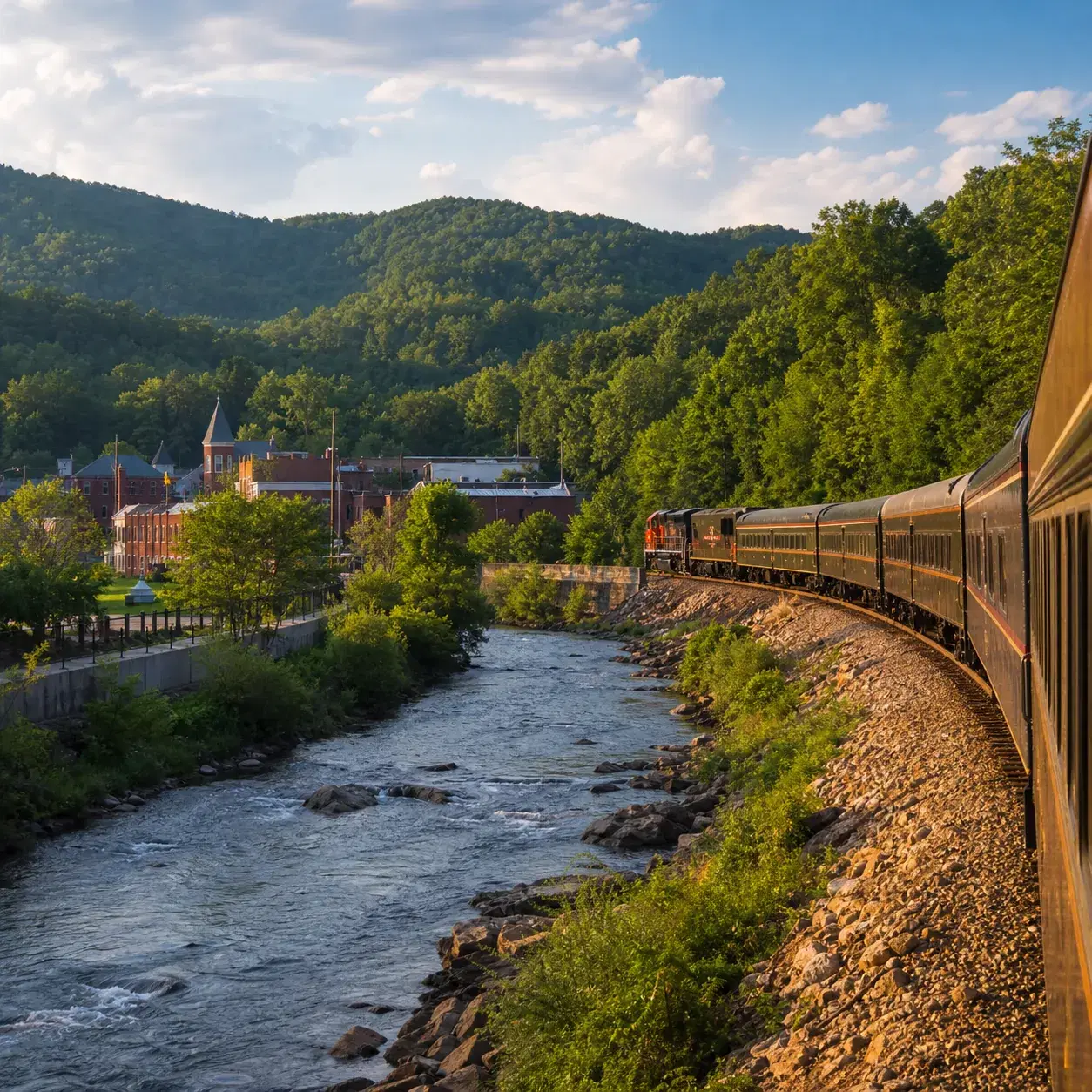 Realistic editorial photo of a scenic passenger train following the Toccoa River in North Georgia with forested hills an