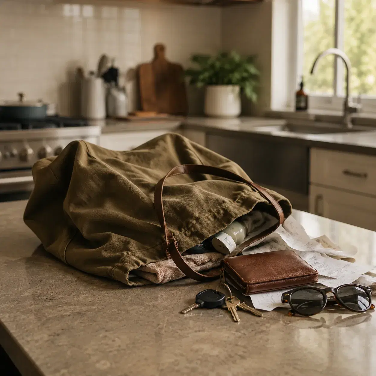 Realistic editorial photo of a soft shapeless tote slumping on a kitchen counter with wallet, keys, sunglasses, and rece