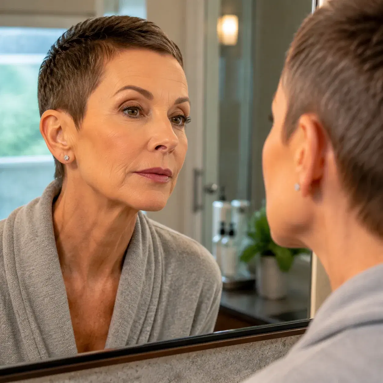Realistic editorial photo of a woman over 50 with a very tight pixie haircut exposing the ears too sharply, salon mirror