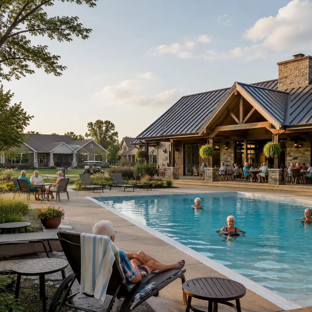 Realistic editorial photo of an active adult neighborhood clubhouse with outdoor pool and lounge chairs surrounded by si