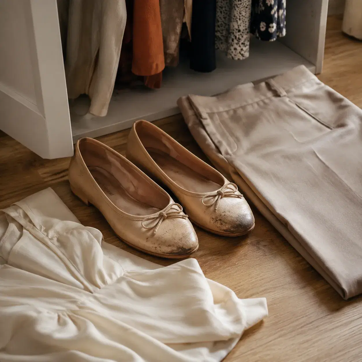 Realistic editorial photo of scuffed beige ballet flats next to tailored ankle pants and a blouse on a closet floor, wor