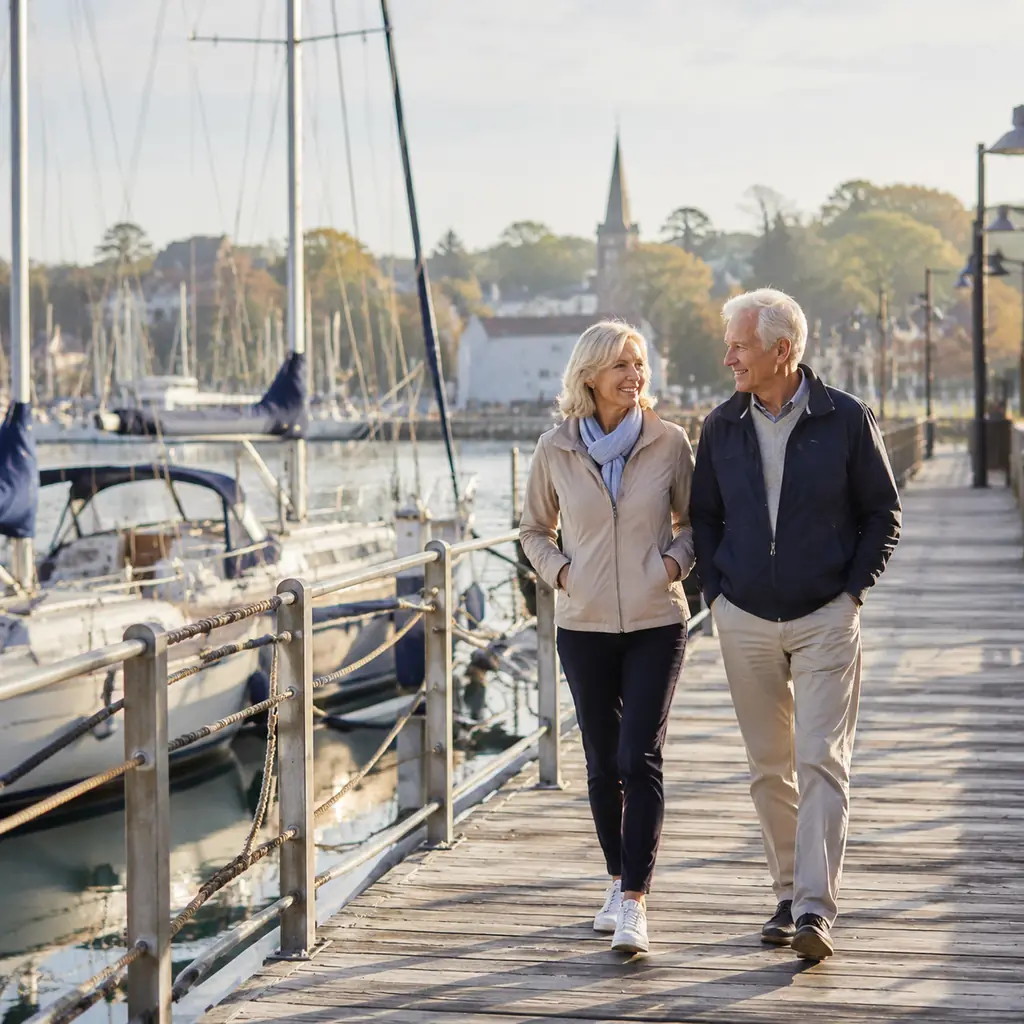 retired couple walking beside sailboats on the harbor footbridge in Belfast Maine under soft morning light, realistic tr