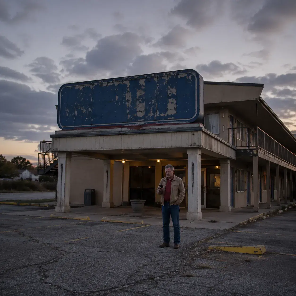 Rundown Travelodge exterior at dusk, peeling signage, empty parking lot with cracked asphalt, older American man looking
