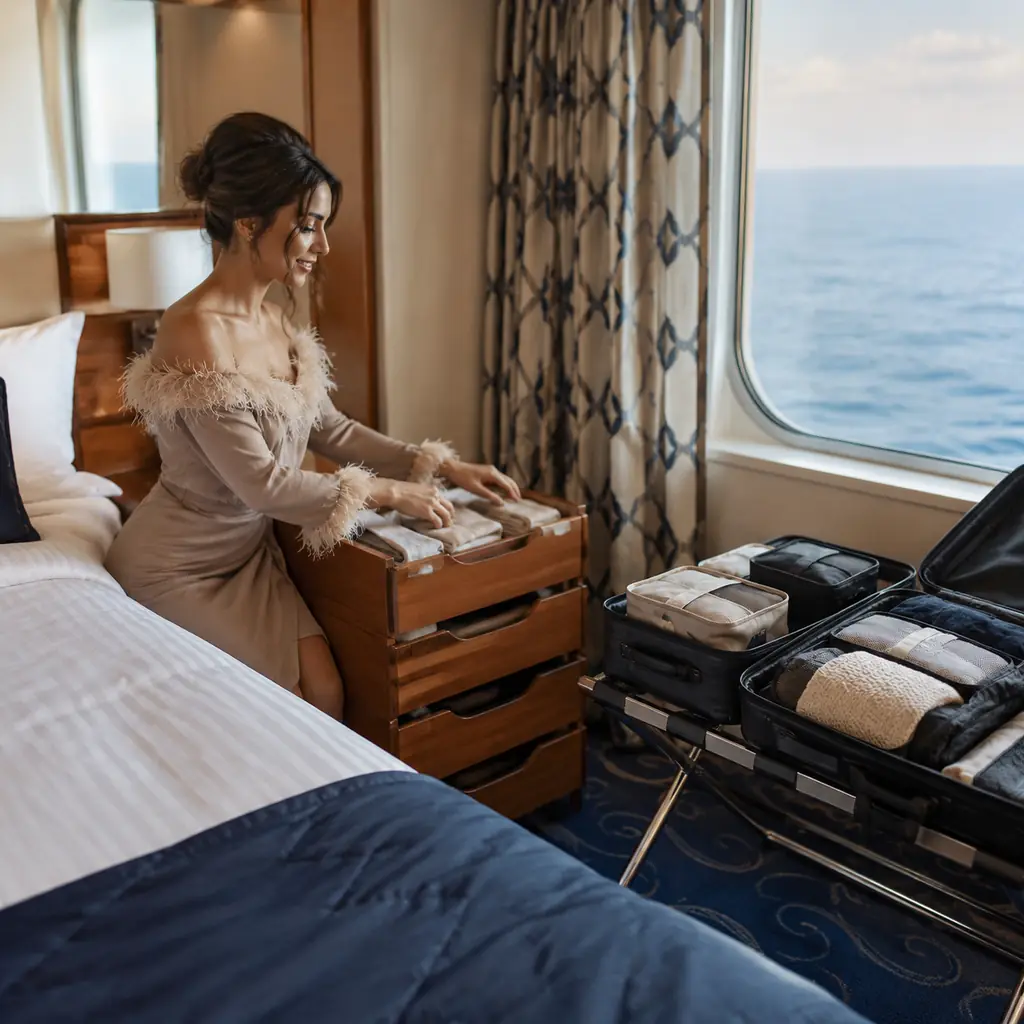 tidy cruise cabin split between organized drawers and practical packing cubes on a luggage rack, realistic travel editor