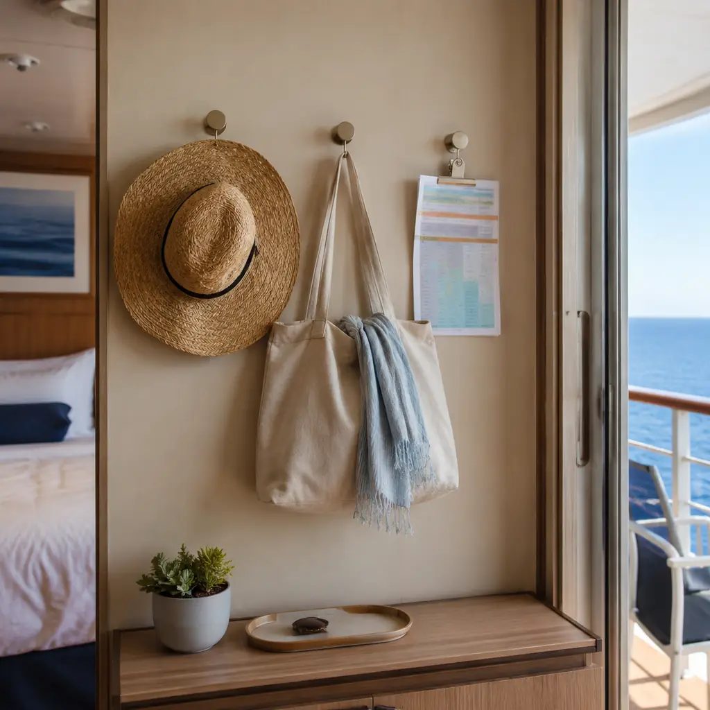 tidy cruise cabin wall with small magnetic hooks holding a sun hat light tote and daily schedule, realistic cruise trave