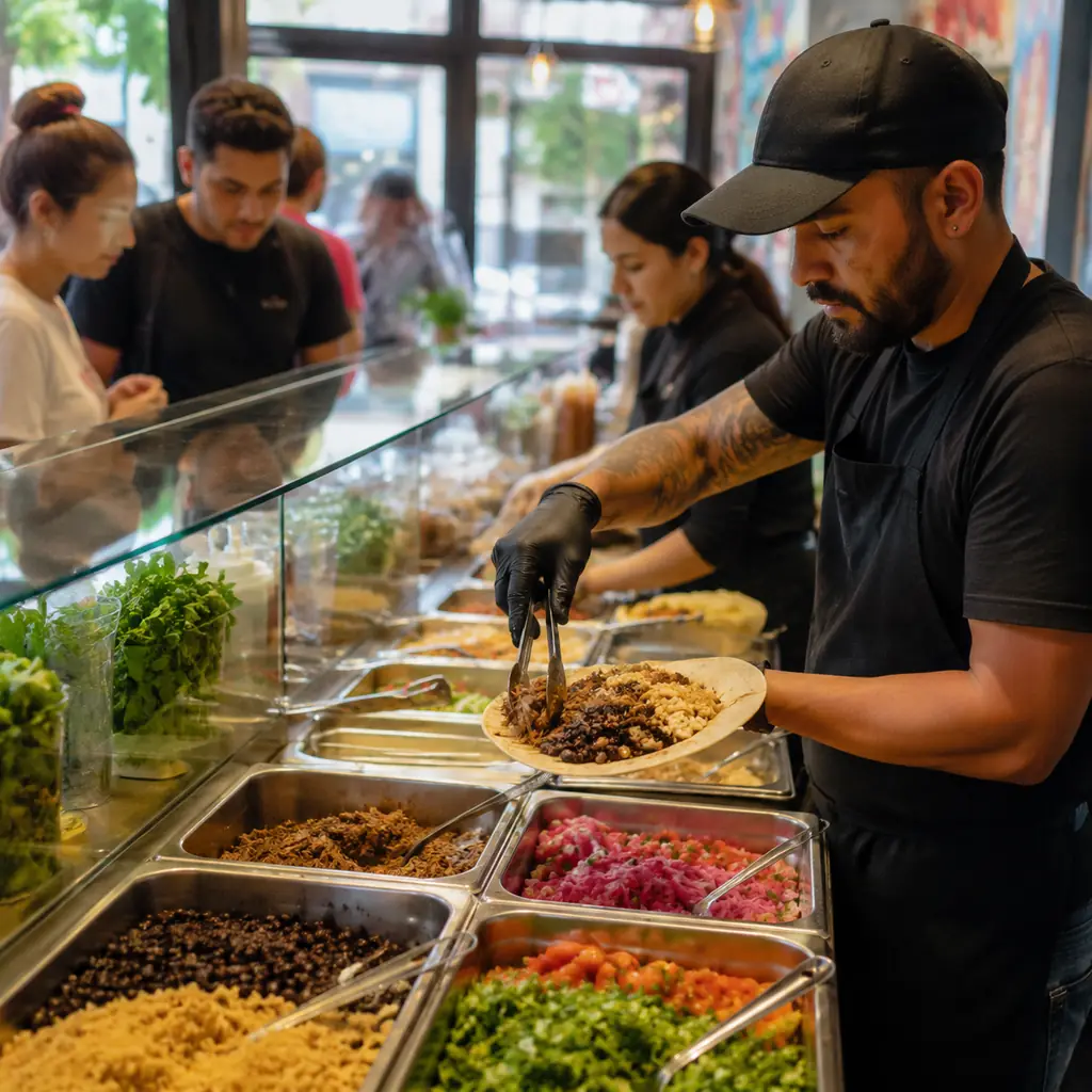 colorful fast casual counter with fresh tortillas rice beans grilled meat and salad ingredients no visible branding, rea