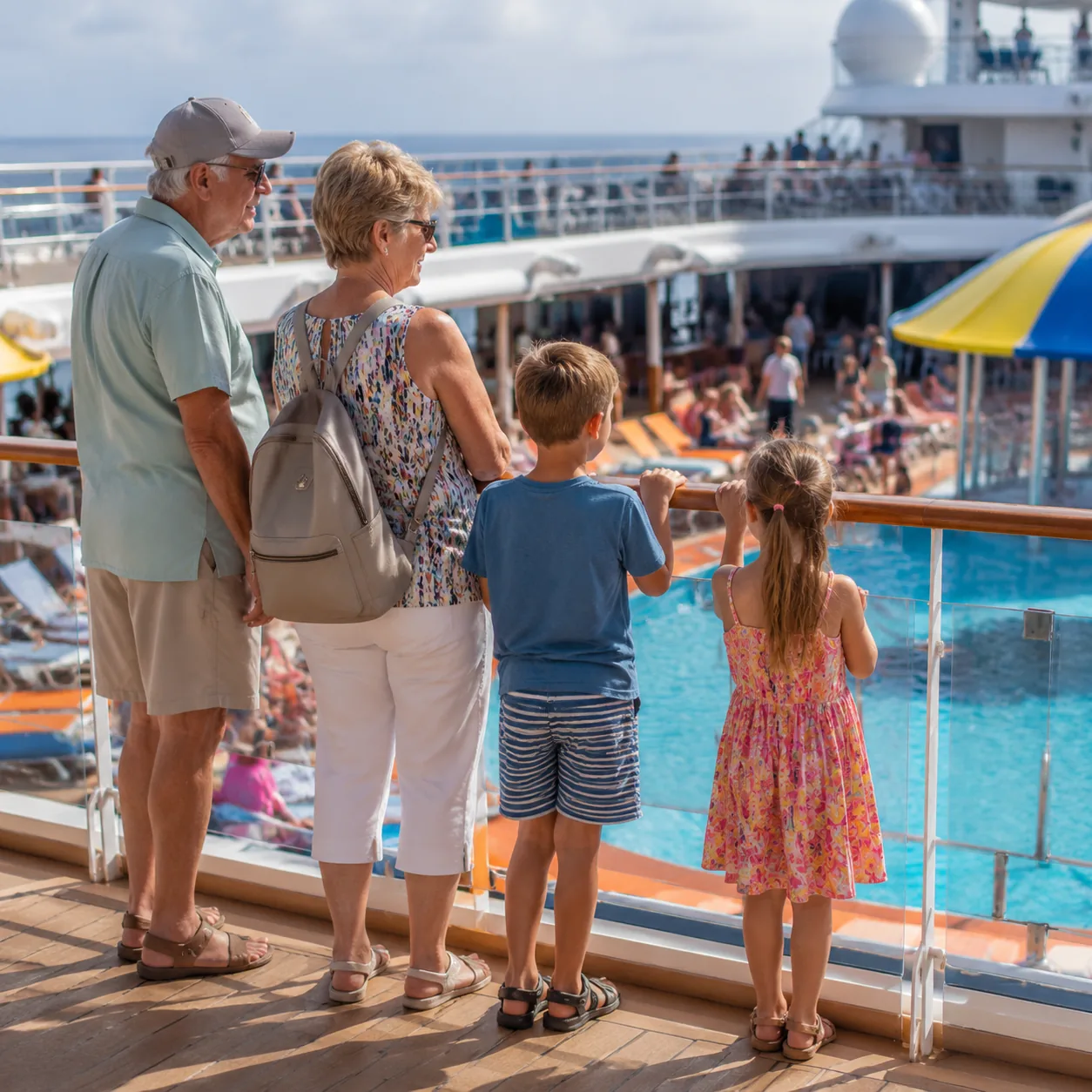 Family cruise ship deck with grandparents and children waiting near colorful pool area, crowded loungers and bright dayl