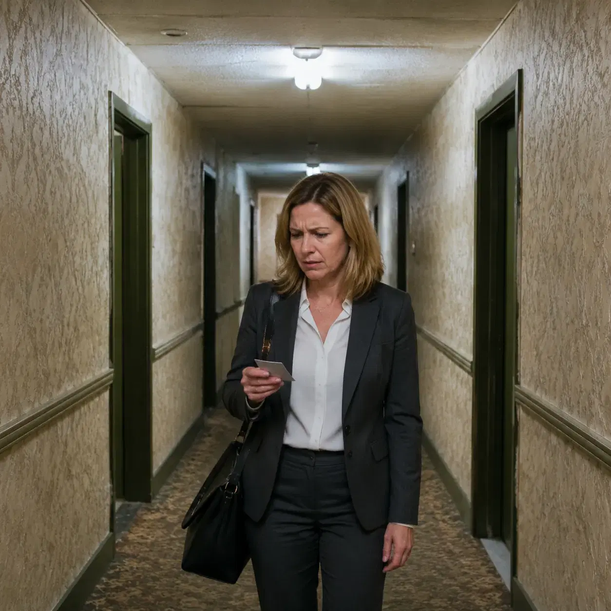 Generic Wyndham Garden hotel corridor with outdated wallpaper, worn flooring, flickering overhead light, middle-aged Ame