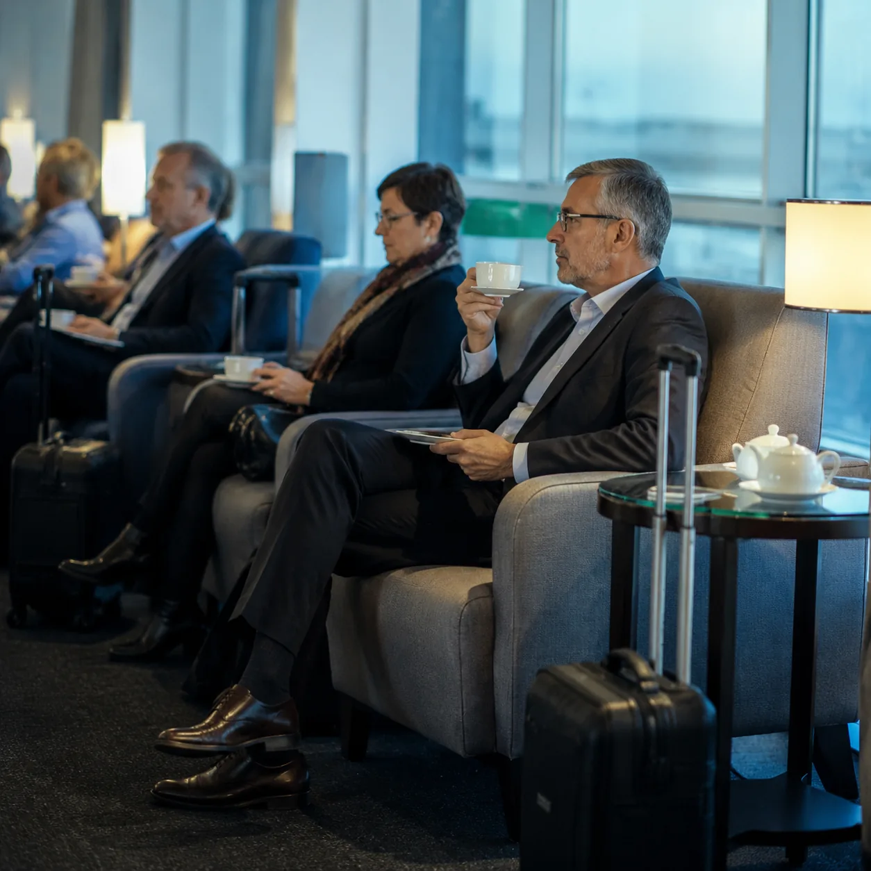 International business lounge with mature travelers sitting in rows near windows, tea cups and rolling luggage nearby, s