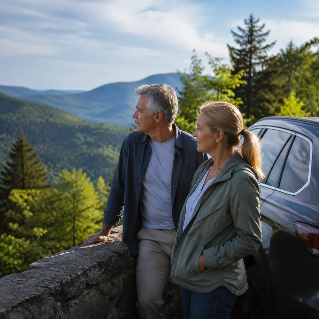 mature road trip couple at a wooded mountain overlook along the Mohawk Trail Massachusetts, realistic travel editorial p