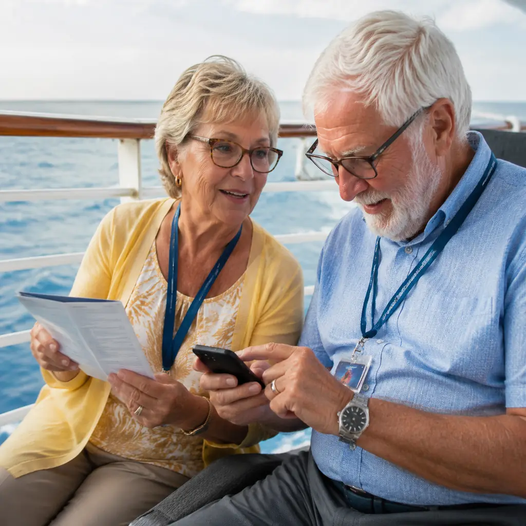 older cruise passenger holding a folded daily planner while a companion checks a ship schedule app with no readable text