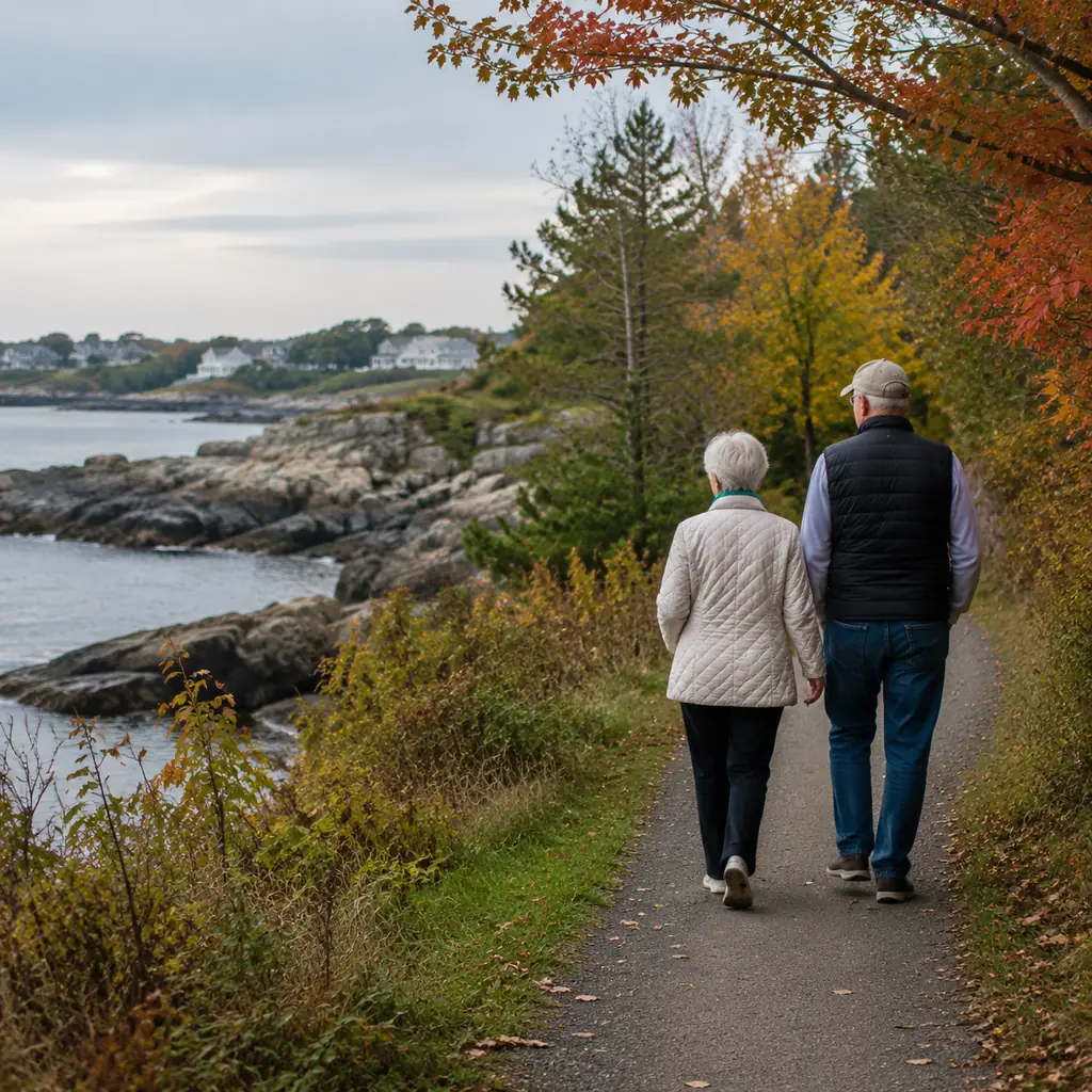 older pair enjoying a quiet coastal path above rocky water near Ogunquit Maine in early autumn, realistic travel editori