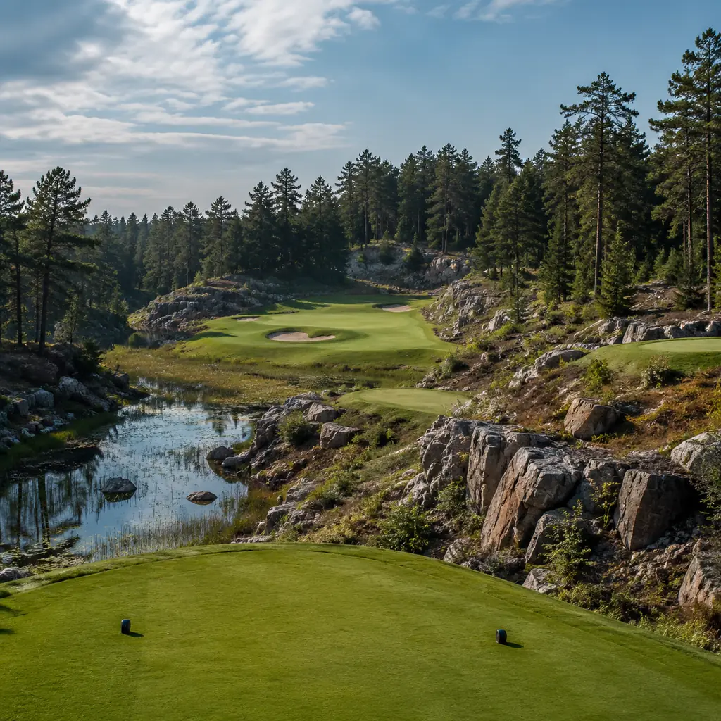 Realistic editorial photo of a rugged Northwoods golf course built through quarry land with pine forest, rock edges, wet