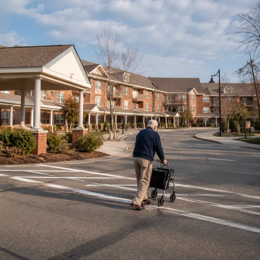 Realistic editorial photo of a sprawling retirement community campus with brick apartment buildings and covered walkways