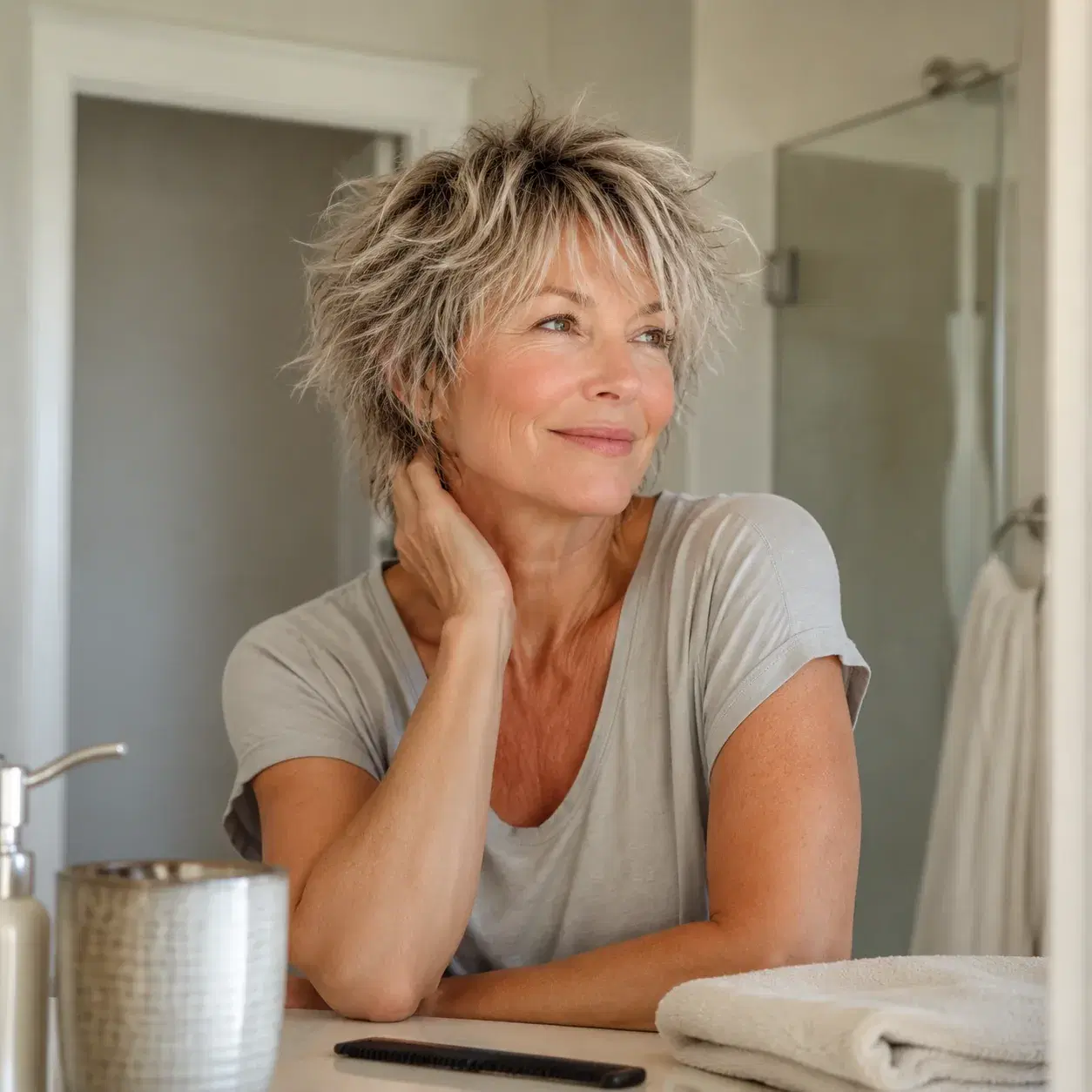 Realistic editorial photo of a woman over 50 with a freshly washed shag haircut showing many short layers sticking out,