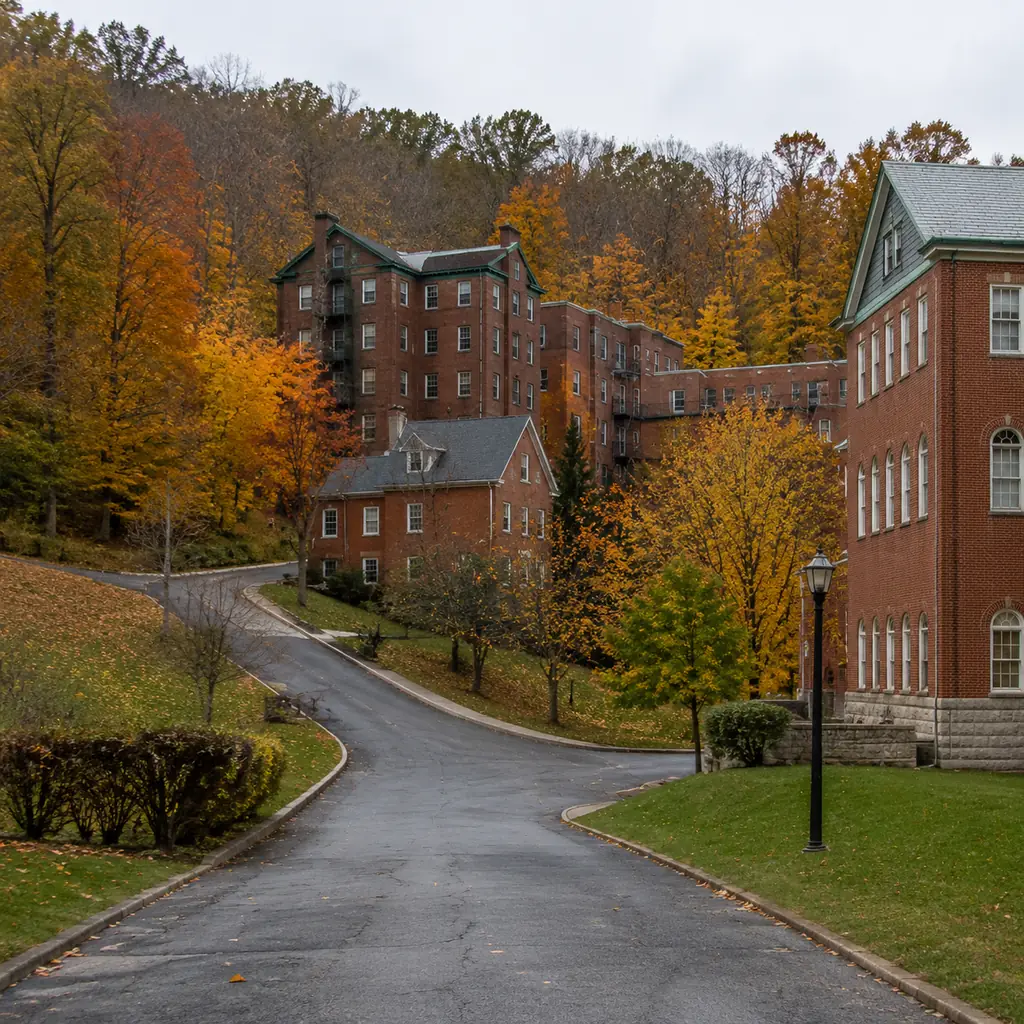 Realistic editorial photo of a wooded hillside retirement community in Ohio with older brick buildings, steep internal d