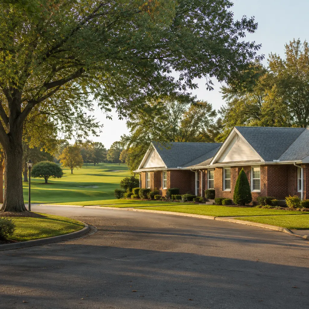 Realistic editorial photo of an established 1990s era retirement community with mature trees, brick ranch duplexes and a