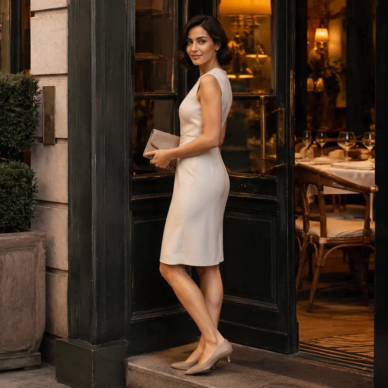 Realistic editorial photo of tiny kitten heels with a rounded toe worn with a knee-length dress at a restaurant entrance