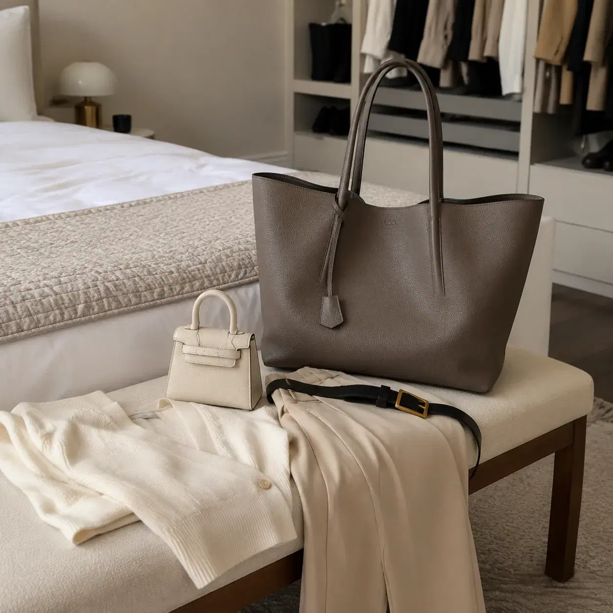 Realistic editorial photo of two handbags on a bedroom bench, one tiny mini bag and one oversized tote placed beside a w