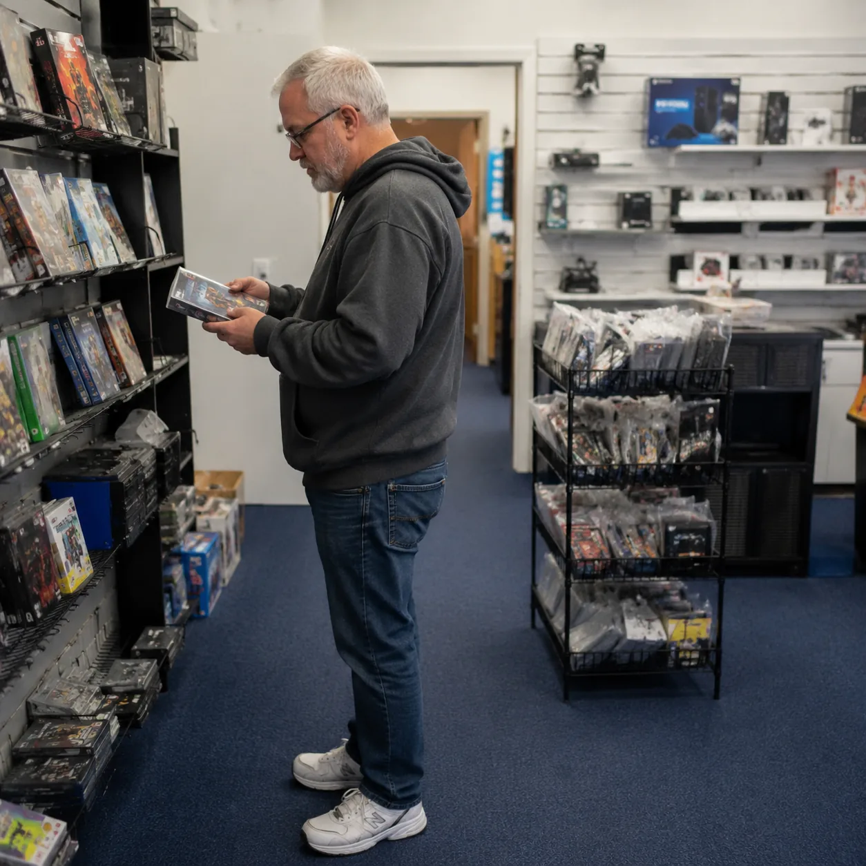 Small video game retail store with sparse shelves, older parent browsing boxed games near a clearance rack