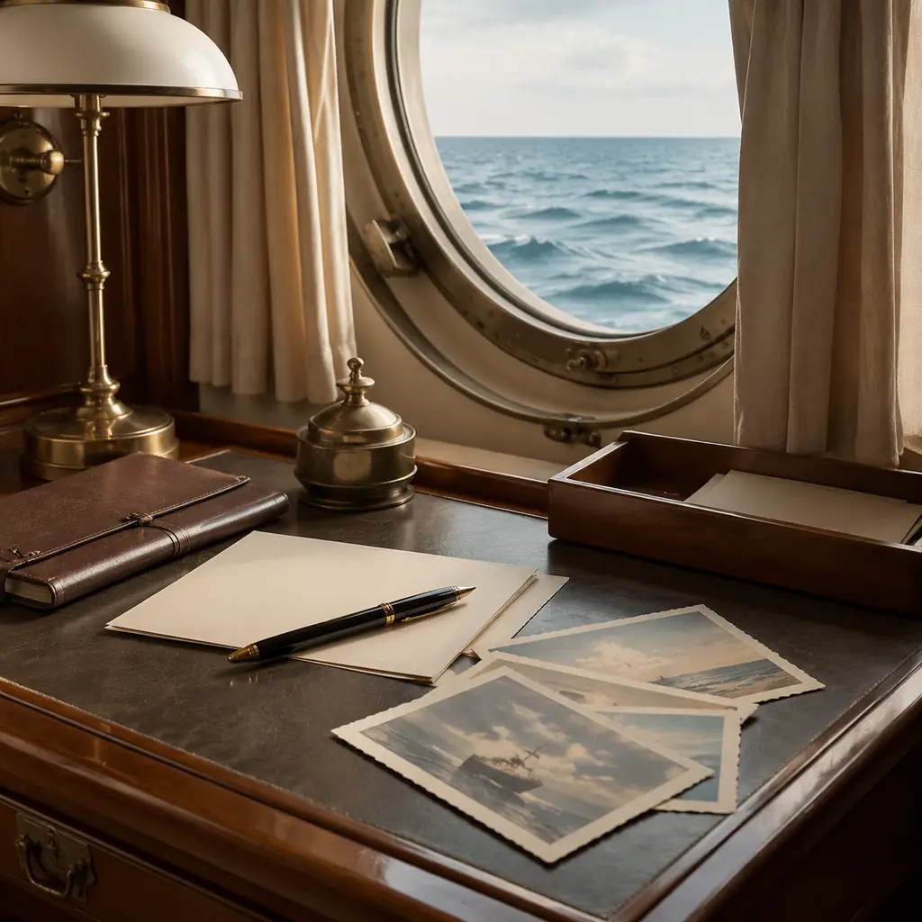 vintage-style cruise cabin writing desk with blank postcards, cream stationery, pen, and porthole view of the sea, reali