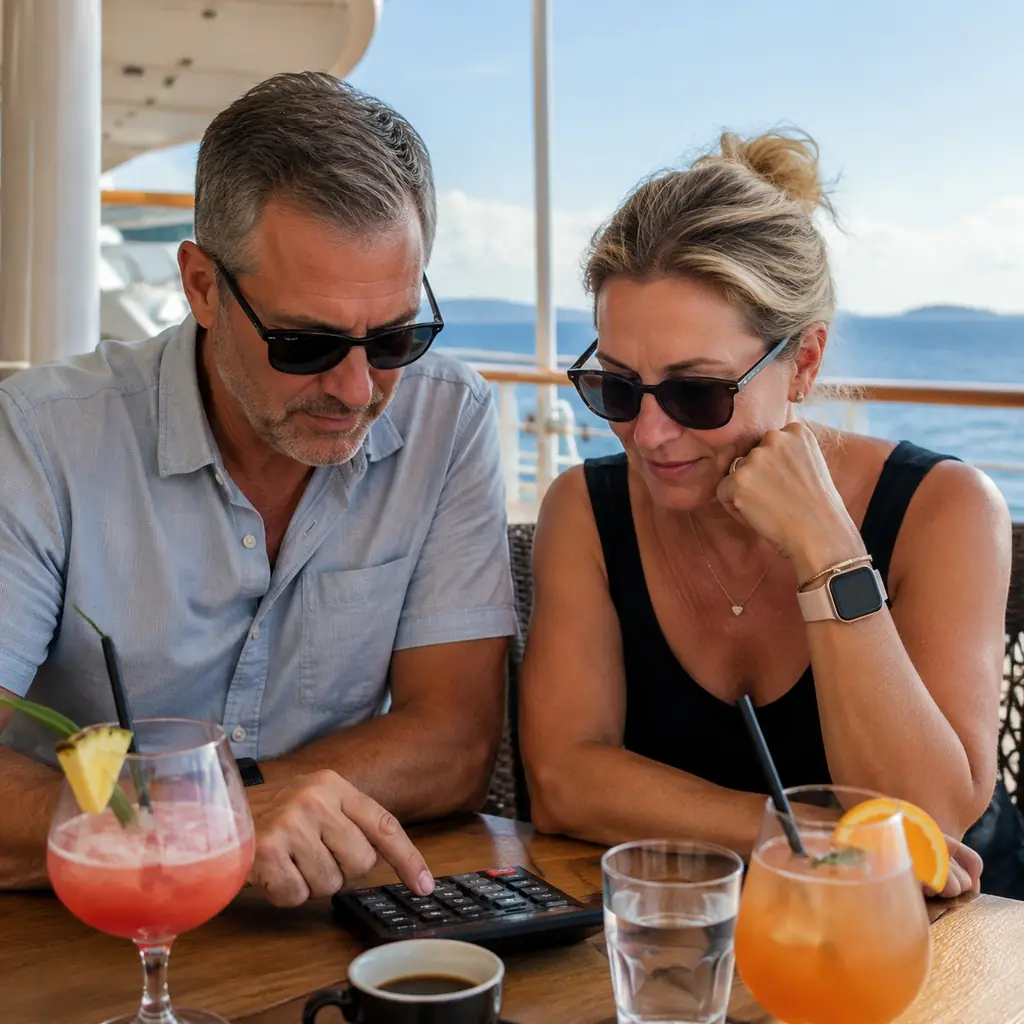 couple at a cruise ship cafe using a calculator beside coffee water and two cocktails with no visible prices or text, re
