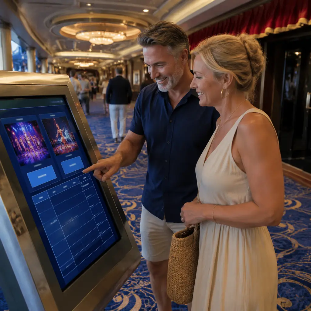 cruise theater entrance with a couple selecting two show reservations while leaving open spaces on a visual itinerary, r
