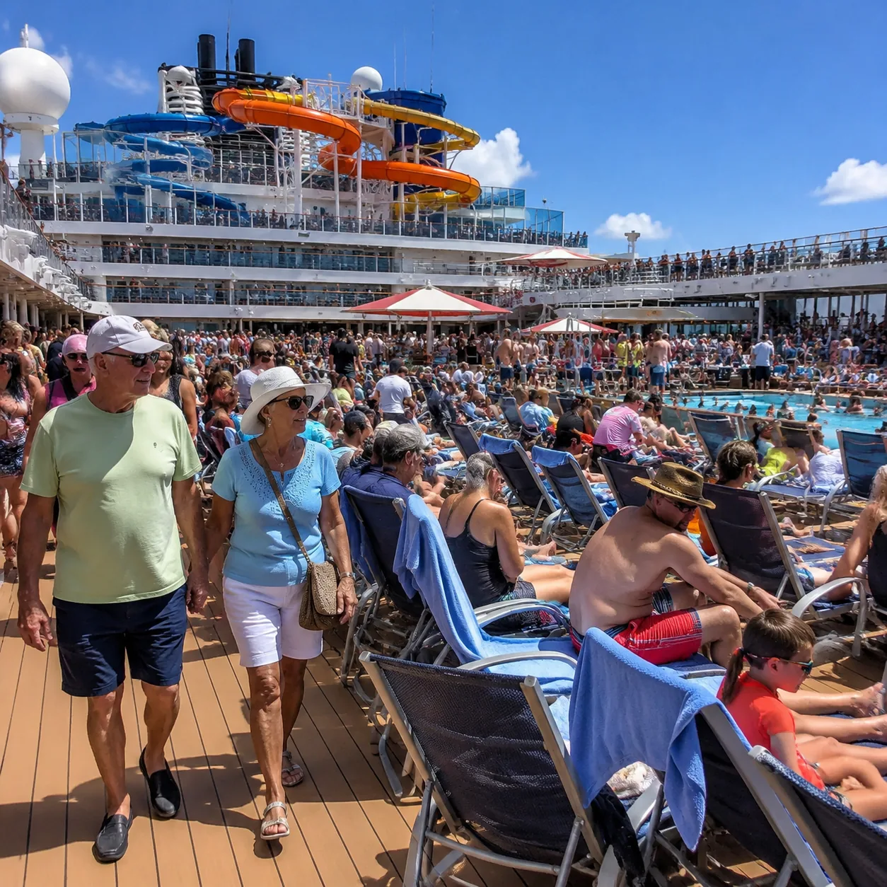 Massive cruise ship pool deck crowded with families, water slides in the background, older couple walking through busy d