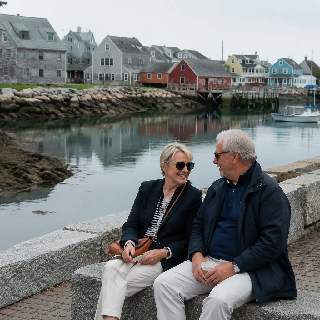 mature travelers sitting near a peaceful granite harbor in Rockport Massachusetts before shops open, realistic travel ed