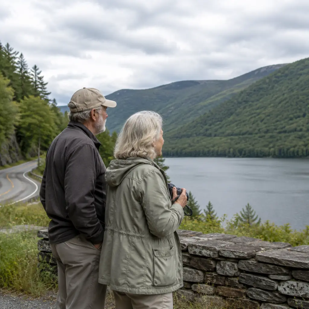 older travelers beside a calm reservoir and mountain road in the Catskills New York on a weekday, realistic travel edito