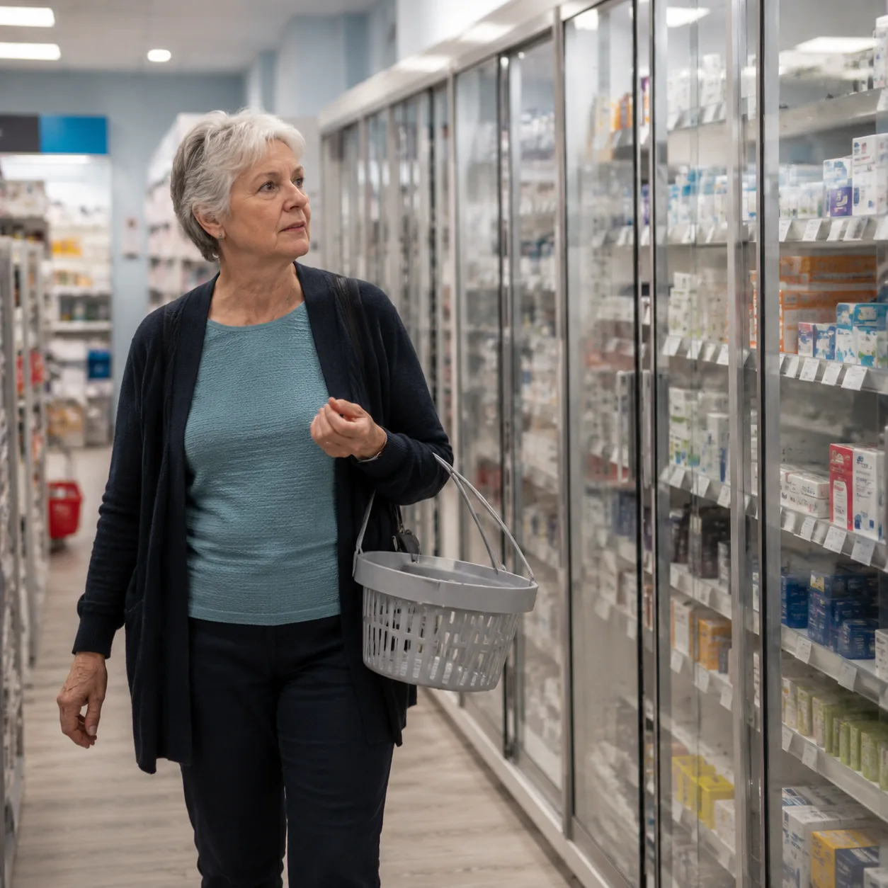 Pharmacy retail aisle with locked glass cases, older shopper holding a small basket and looking for an employee, fluores