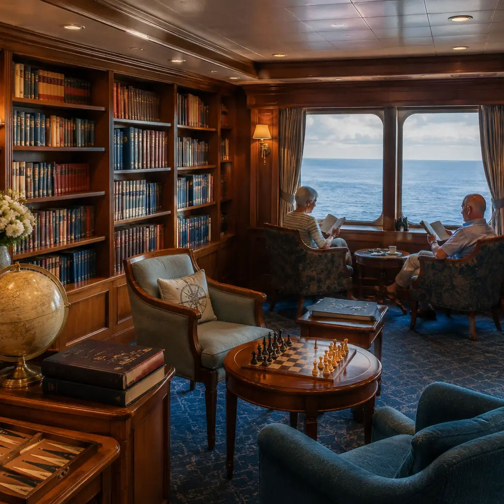 quiet wood-paneled cruise ship library with full bookshelves, comfortable chairs, board games, and two older passengers 