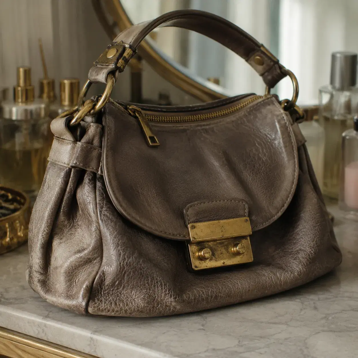 Realistic editorial close-up photo of a handbag with scratched gold-tone clasp, worn zipper pull, and dull metal rings o